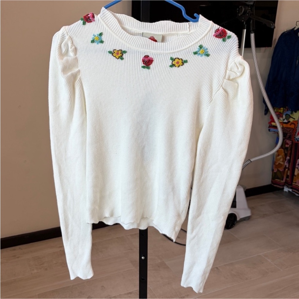 Farm Rio: Off-White Flower Embroidery Knit Top - Picture 4 of 12